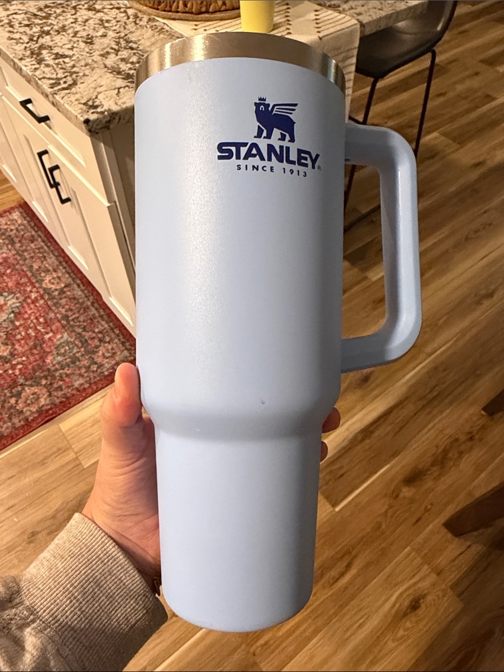 Stanley Light Blue Travel Mug with Handle and Stainless Rim